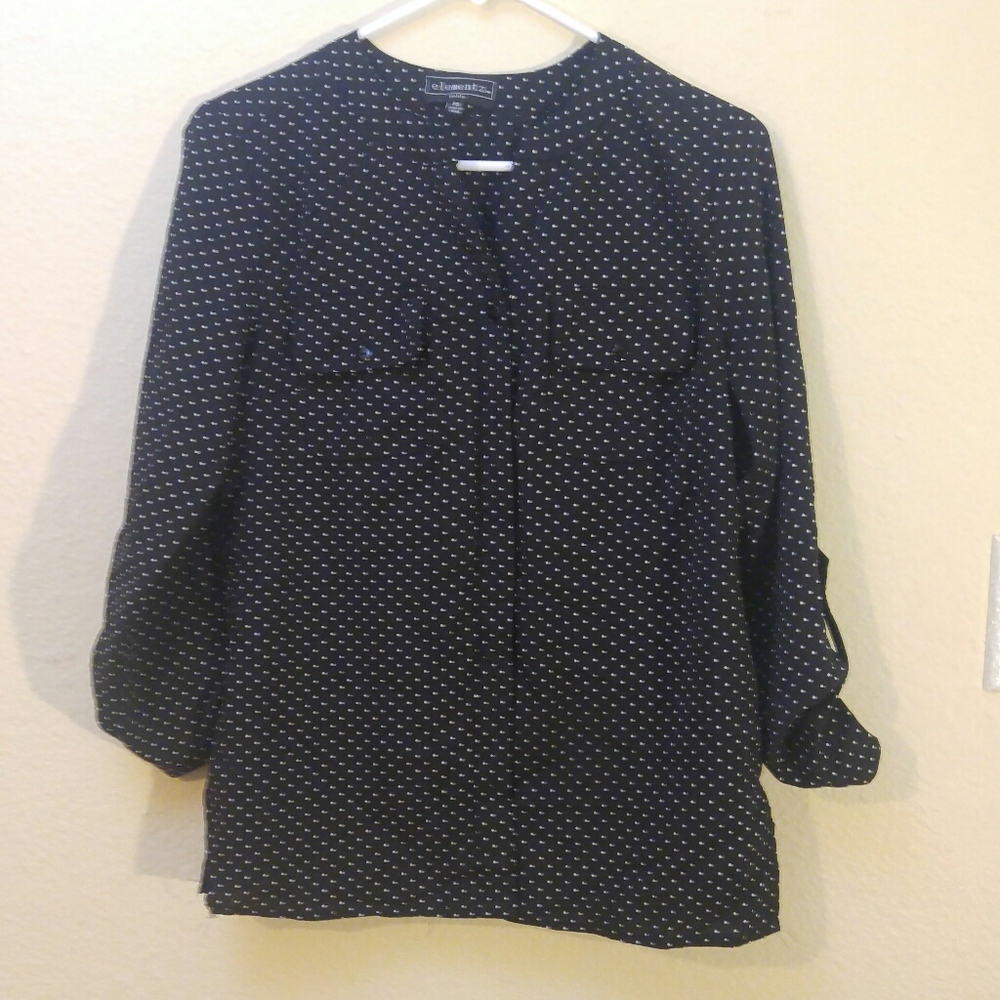 Long sleeve white polka dot on black blouse